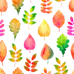 Seamless pattern watercolor autumn leaves on a white background. Red, yellow, green leaves