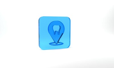 Blue Dental clinic location icon isolated on grey background. Glass square button. 3d illustration 3D render