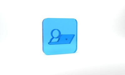 Blue Video chat conference icon isolated on grey background. Online meeting work form home. Remote project management. Glass square button. 3d illustration 3D render