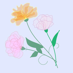 Illustration depicting three flowers of different colors. summer landscape