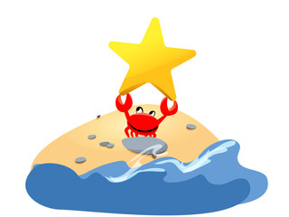 Vector red cute crab stands on the beach, holds a large yellow star in its claws, waves beat, water splashes.