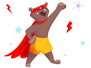 Vector kind bear hero in yellow shorts, red cape, red mask is ready to save the world. The brave bear stands on its hind legs.