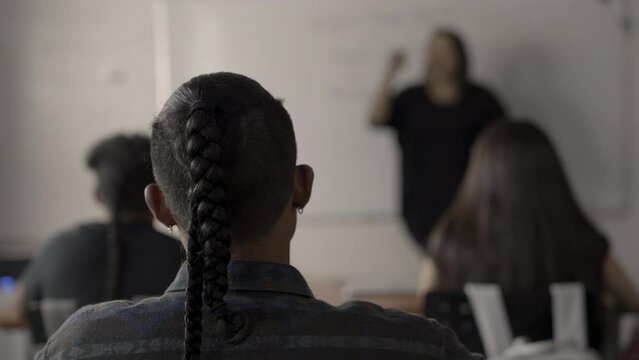 Static frame of the back of a Native American male student's head in class while he nods. 
