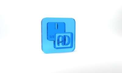 Blue Advertising icon isolated on grey background. Concept of marketing and promotion process. Responsive ads. Social media advertising. Glass square button. 3d illustration 3D render