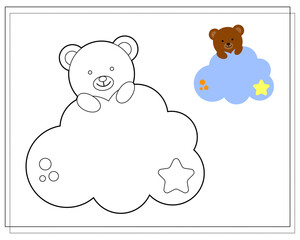 Coloring book for children. Draw a cute cartoon bear sleeping in the clouds based on the drawing. Vector