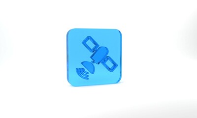 Blue Satellite icon isolated on grey background. Glass square button. 3d illustration 3D render