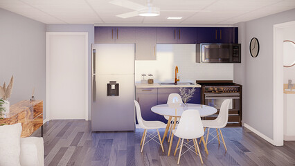 3D render of 1 bedroom apartment with 1 bathroom