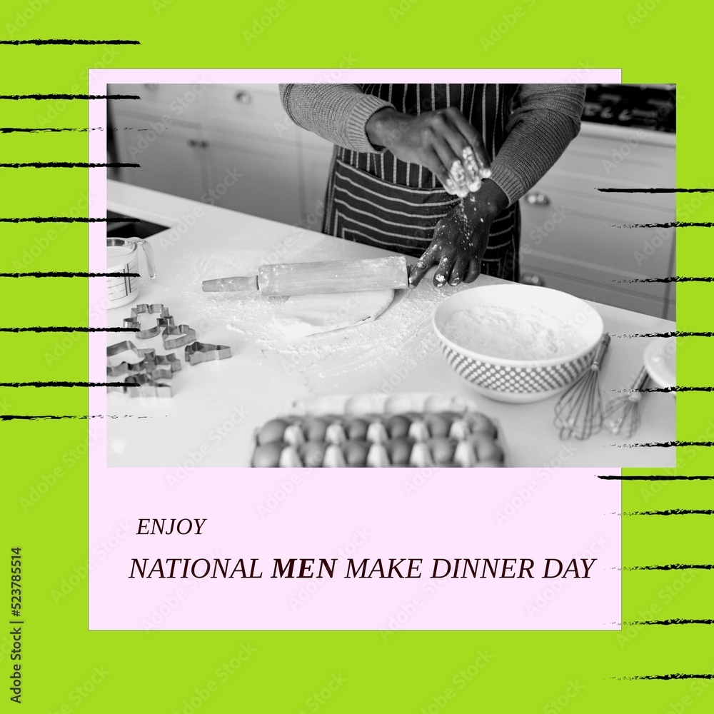 Sticker Composition of enjoy national men make dinner day text over african american man baking