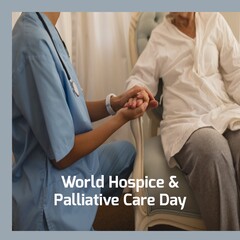 Composition of world hospice and palliative care day text over doctor with patient holding hands