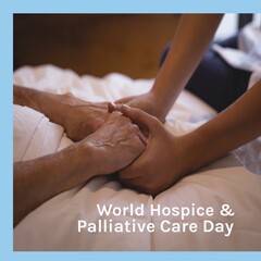 Composition of world hospice and palliative care day text over holding hands