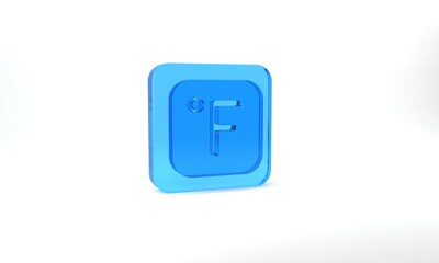 Blue Fahrenheit icon isolated on grey background. Glass square button. 3d illustration 3D render