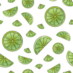 Vector seamless pattern with slice of lime isolated on white background. Hand-drawn bright illustration for fabric, packaging design, decoration of cover, textile. Fruit pattern.