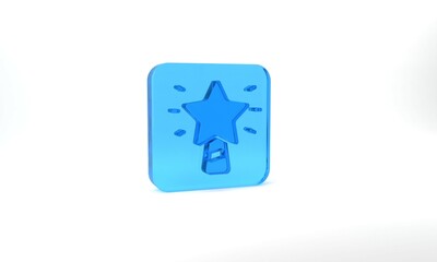 Blue Christmas star icon isolated on grey background. Merry Christmas and Happy New Year. Glass square button. 3d illustration 3D render