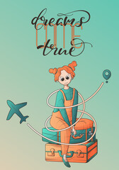 Vector illustration of girl on suitcases with plane route. 