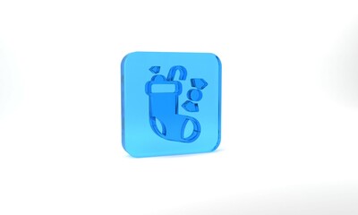Blue Christmas stocking icon isolated on grey background. Merry Christmas and Happy New Year. Glass square button. 3d illustration 3D render