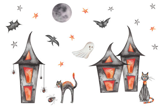 Watercolor illustration of hand painted cats, ghost, moon, bats, houses, stars, spiders in black and orange colors. Halloween night. Isolated on white clip art for Halloween cards, posters, prints
