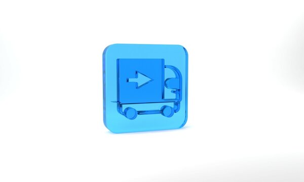 Blue Delivery cargo truck vehicle icon isolated on grey background. Glass square button. 3d illustration 3D render