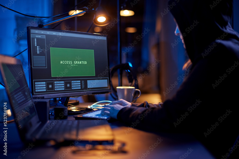 Poster cybercrime, hacking and technology concept - female hacker in dark room breaking security system or 