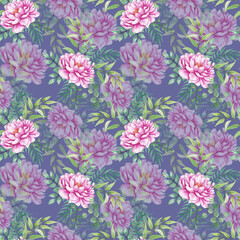 Seamless pattern of bright flowers and green leaves. Watercolor illustration.