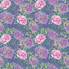 Outdoor kussens Seamless pattern of bright flowers and green leaves. Watercolor illustration. © Marisha paint