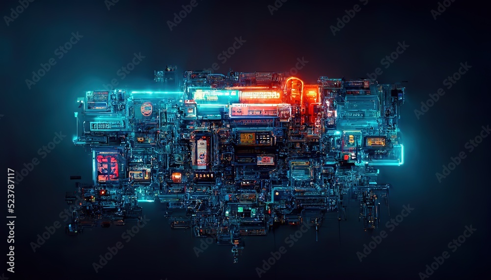 Poster Futuristic microchip processor with lights on the blue background. Quantum computer, large data processing. 3d render