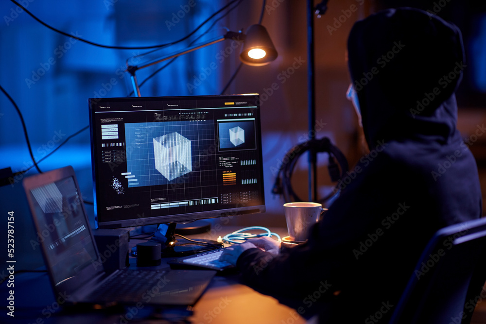 Poster cybercrime, hacking and technology concept - female programmer or hacker working with 3d graphics on