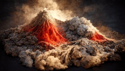 Volcanic eruption, red bomb explosion clouds over destroyed burnt land. 3d render