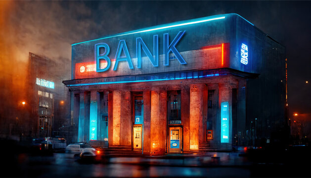 Futuristic bank building in cyberpunk style. Isolated bank against the background of the city. The concept of financial technologies. 3d render