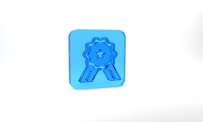 Blue Five stars customer product rating review icon isolated on grey background. Favorite, best rating, award symbol. Glass square button. 3d illustration 3D render