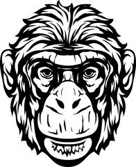 Black and white hand drawn face of monkey. Vector illustration mascot art