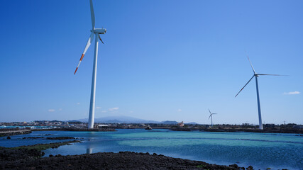 The sea off Jeju with offshore wind generators