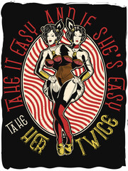 Siamese twins women wearing a corset, freak show performers