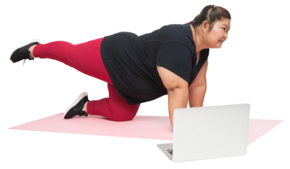 Asian fat woman workout with using laptop computer PC, isolated