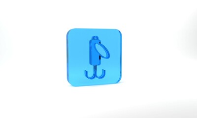 Blue Fishing lure icon isolated on grey background. Fishing tackle. Glass square button. 3d illustration 3D render