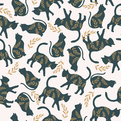 Fototapeta na wymiar Black cat seamless patterns, mystical vector repeating background. Floral and animal digital paper
