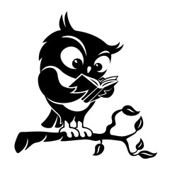 Owl reads a book sitting on a branch on a white background.