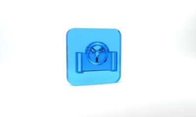 Blue Oil pipe with valve icon isolated on grey background. Glass square button. 3d illustration 3D render