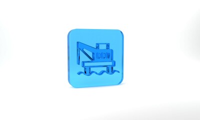 Blue Oil platform in the sea icon isolated on grey background. Drilling rig at sea. Oil platform, gas fuel, industry offshore. Glass square button. 3d illustration 3D render