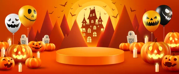 Sierkussen Halloween Product display stage for presentation. Halloween pumpkins and Ghost Balloons on orange with moon ligt and castle silhouette background. Website spooky or banner template © Fotomay
