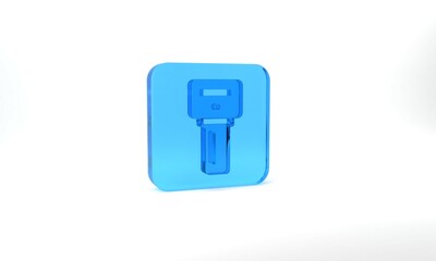 Blue Car key with remote icon isolated on grey background. Car key and alarm system. Glass square button. 3d illustration 3D render