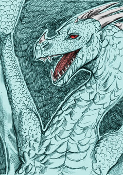 Illustration of a slim dragon with long muzzle and open mouth