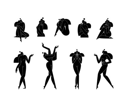 Abstract Woman Body Vector Illustration Set. Female Figure, Contemporary Design. Solid Black Feminine Silhouette Isolated On White. Women Self Care, Body Beauty Concept Collection For Logo. Modern Art