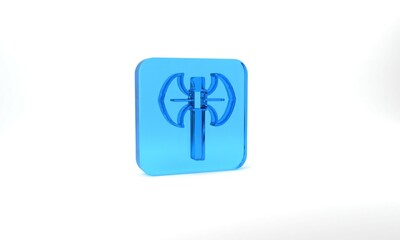 Blue Medieval poleaxe icon isolated on grey background. Glass square button. 3d illustration 3D render