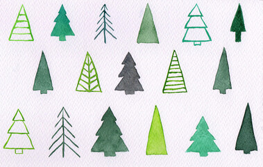 Obraz premium Set of watercolor Christmas trees. Happy New Year. Merry Christmas. Template for banner, greeting card, postcard, print.