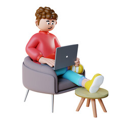 3d render character using laptop and sit on chair