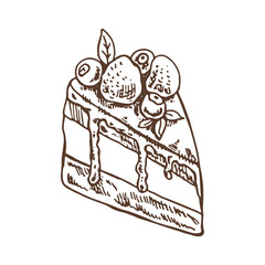 Tasty Creamy Sweet Dessert. Vintage Vector Monochrome Illustration. Hand drawn sketch of Delicious Cake With strawberries and blueberries.  Design Gastronomy Product element. 