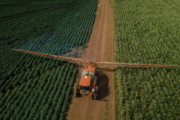 drone view with agriculture machines and cornfield