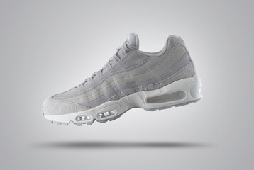 Light Gray sport sneaker, shoe on a gray gradient background, fashion, sport shoe,  air, sneakers,...