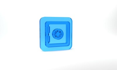 Blue Safe icon isolated on grey background. The door safe a bank vault with a combination lock. Reliable Data Protection. Glass square button. 3d illustration 3D render