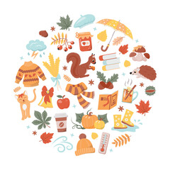 Fall season cute elements collection in round shape composition. Isolated on white background. Flat vector objects for autumn design.